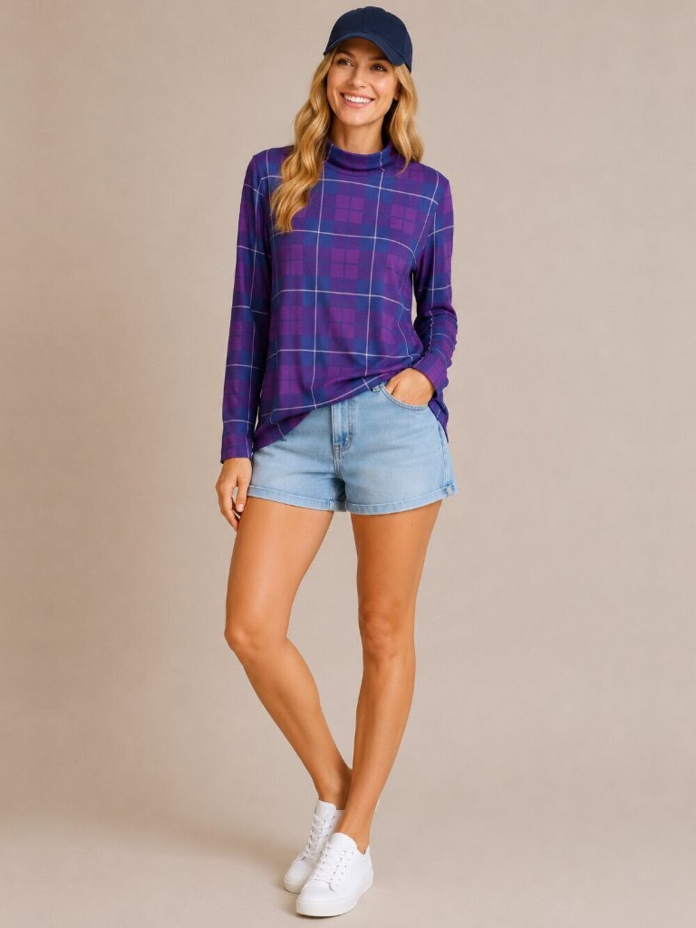 2/$30 Lands' End Turtleneck Checkered Long Sleeve Top Relaxed Fit Large #A2193